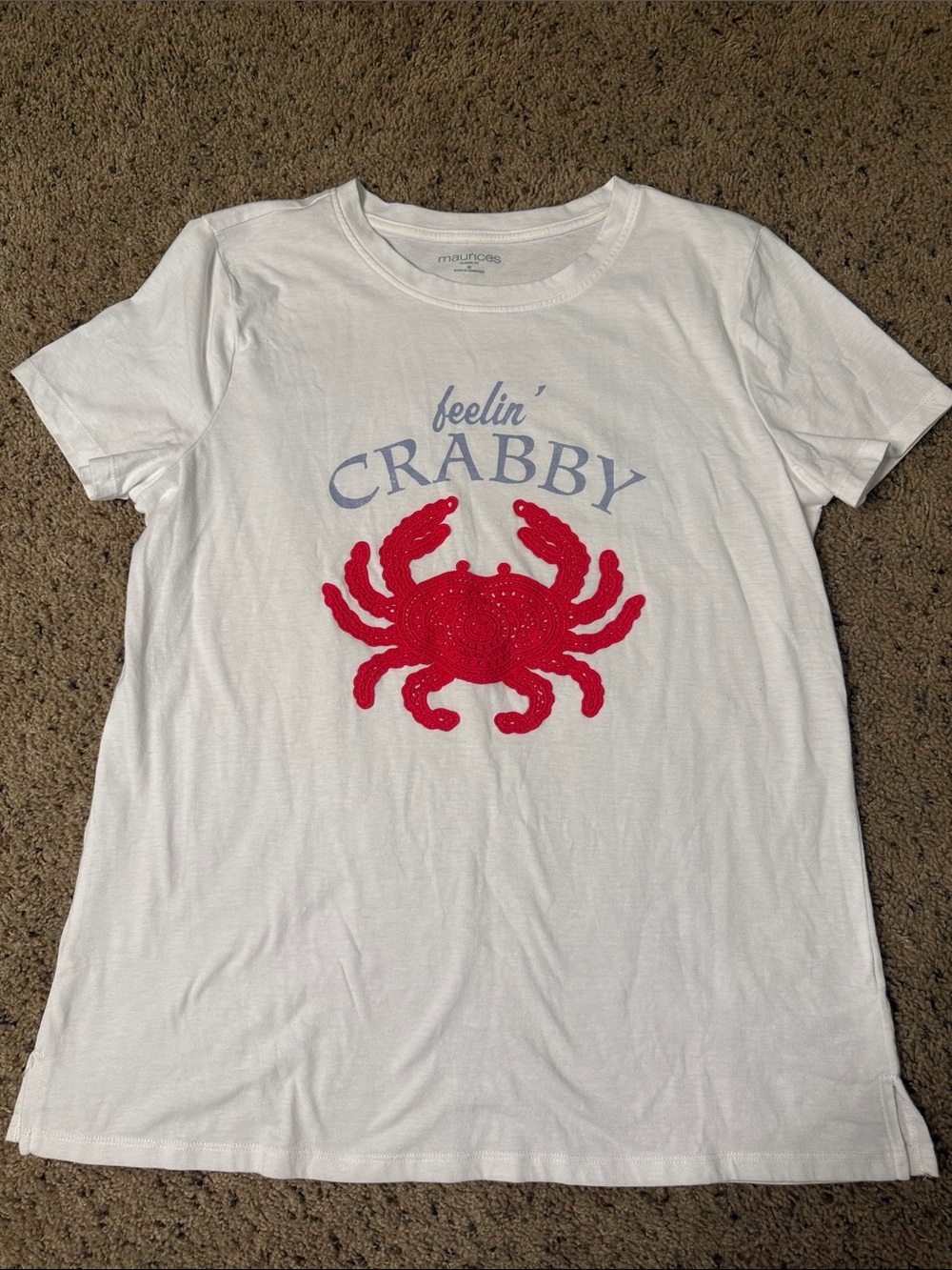Maurices White Tee with Red Crab Graphic and Blue Text